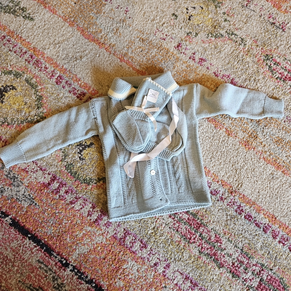 VINTAGE NWT Light Blue Knit Baby Cardigan and Hat Set
